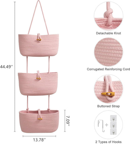 Over the Door Hanging Baskets with Button Strap, 3-Tier Woven Cotton Storage Organizer Bag, Wall-Mounted with Hook Decorative Hanging Nursery Baskets - Pink