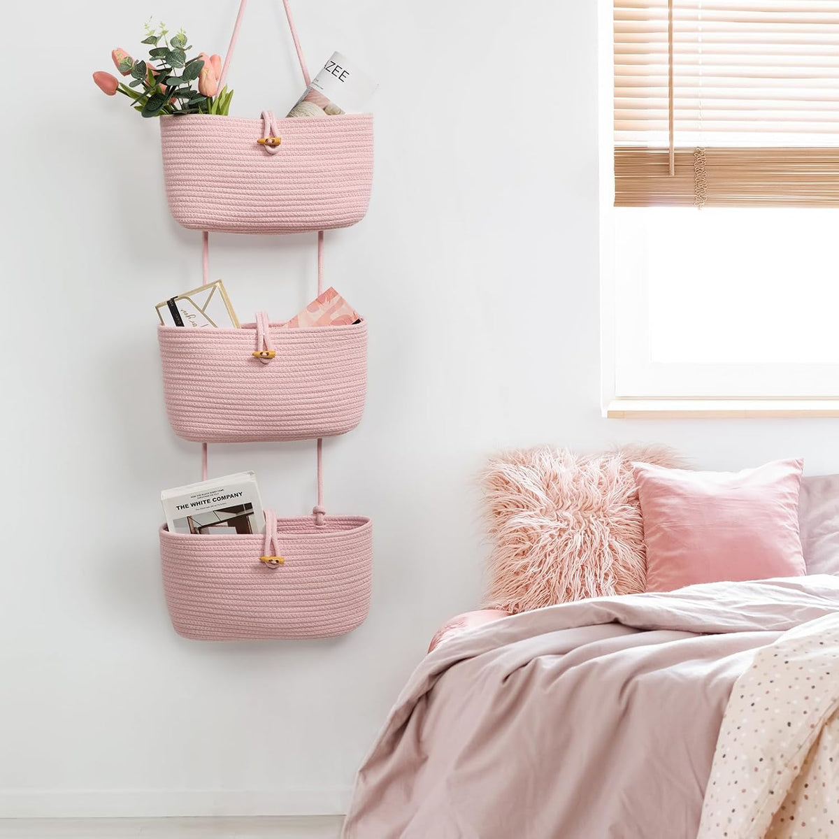 Over the Door Hanging Baskets with Button Strap, 3-Tier Woven Cotton Storage Organizer Bag, Wall-Mounted with Hook Decorative Hanging Nursery Baskets - Pink