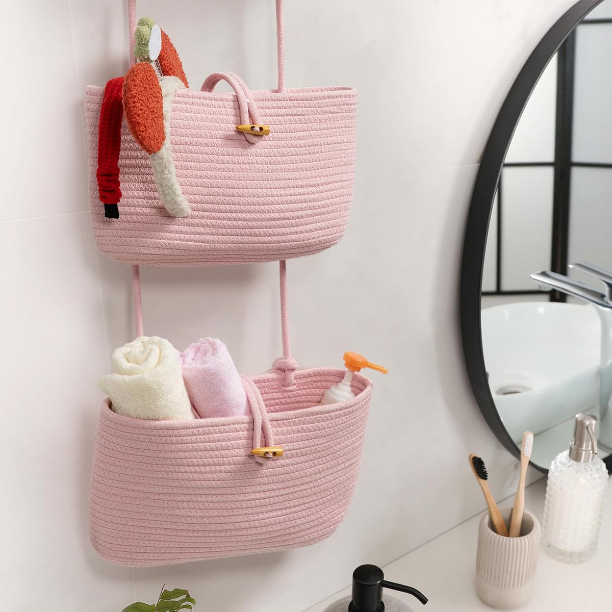 Over the Door Hanging Baskets with Button Strap, 3-Tier Woven Cotton Storage Organizer Bag, Wall-Mounted with Hook Decorative Hanging Nursery Baskets - Pink