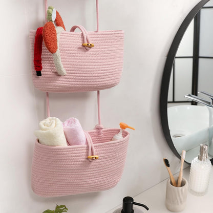 Over the Door Hanging Baskets with Button Strap, 3-Tier Woven Cotton Storage Organizer Bag, Wall-Mounted with Hook Decorative Hanging Nursery Baskets - Pink