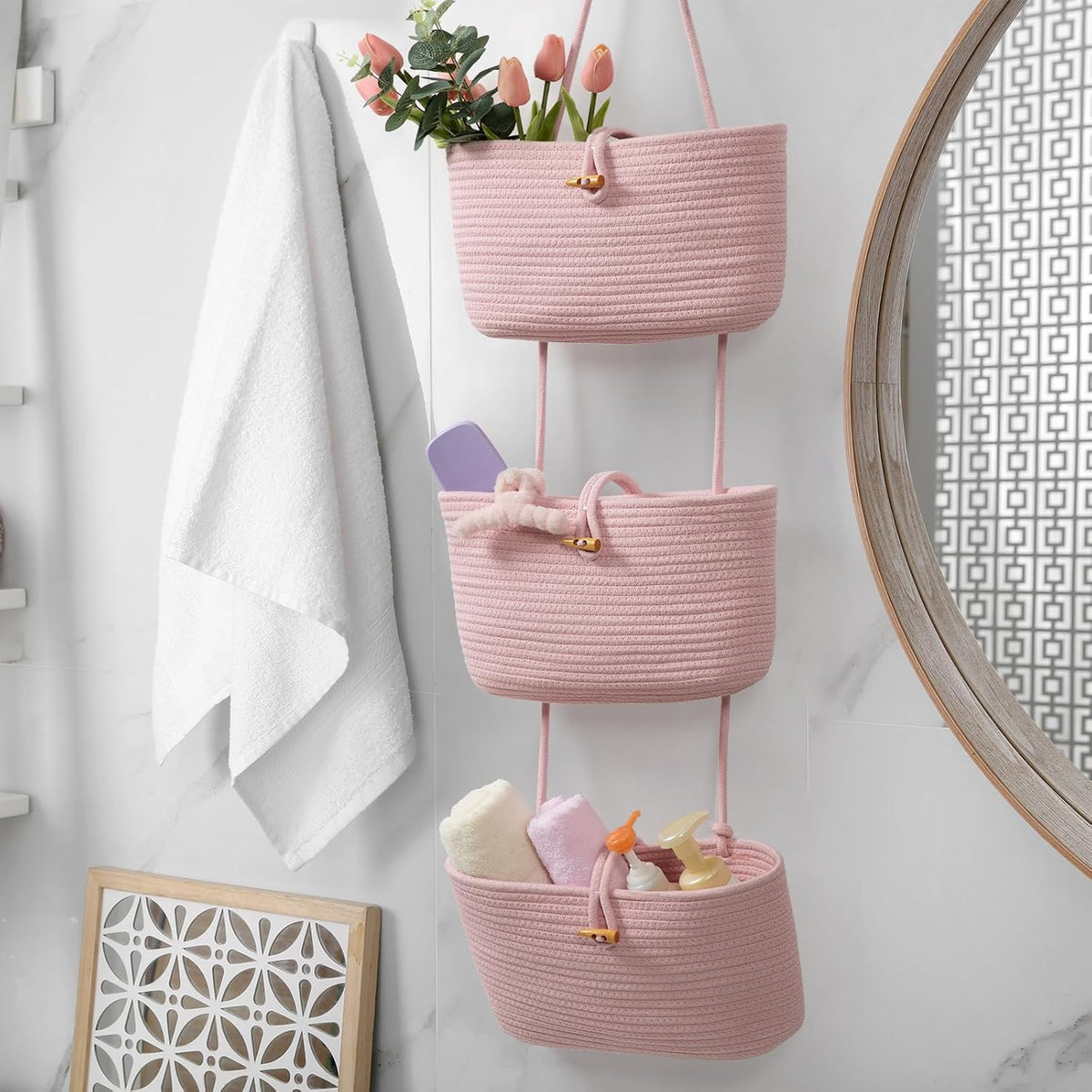 Over the Door Hanging Baskets with Button Strap, 3-Tier Woven Cotton Storage Organizer Bag, Wall-Mounted with Hook Decorative Hanging Nursery Baskets - Pink