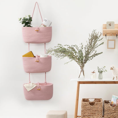 Over the Door Hanging Baskets with Button Strap, 3-Tier Woven Cotton Storage Organizer Bag, Wall-Mounted with Hook Decorative Hanging Nursery Baskets - Pink