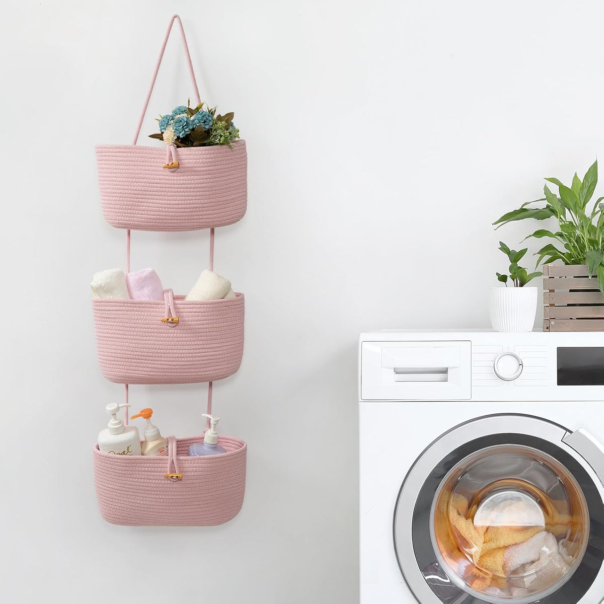 Over the Door Hanging Baskets with Button Strap, 3-Tier Woven Cotton Storage Organizer Bag, Wall-Mounted with Hook Decorative Hanging Nursery Baskets - Pink