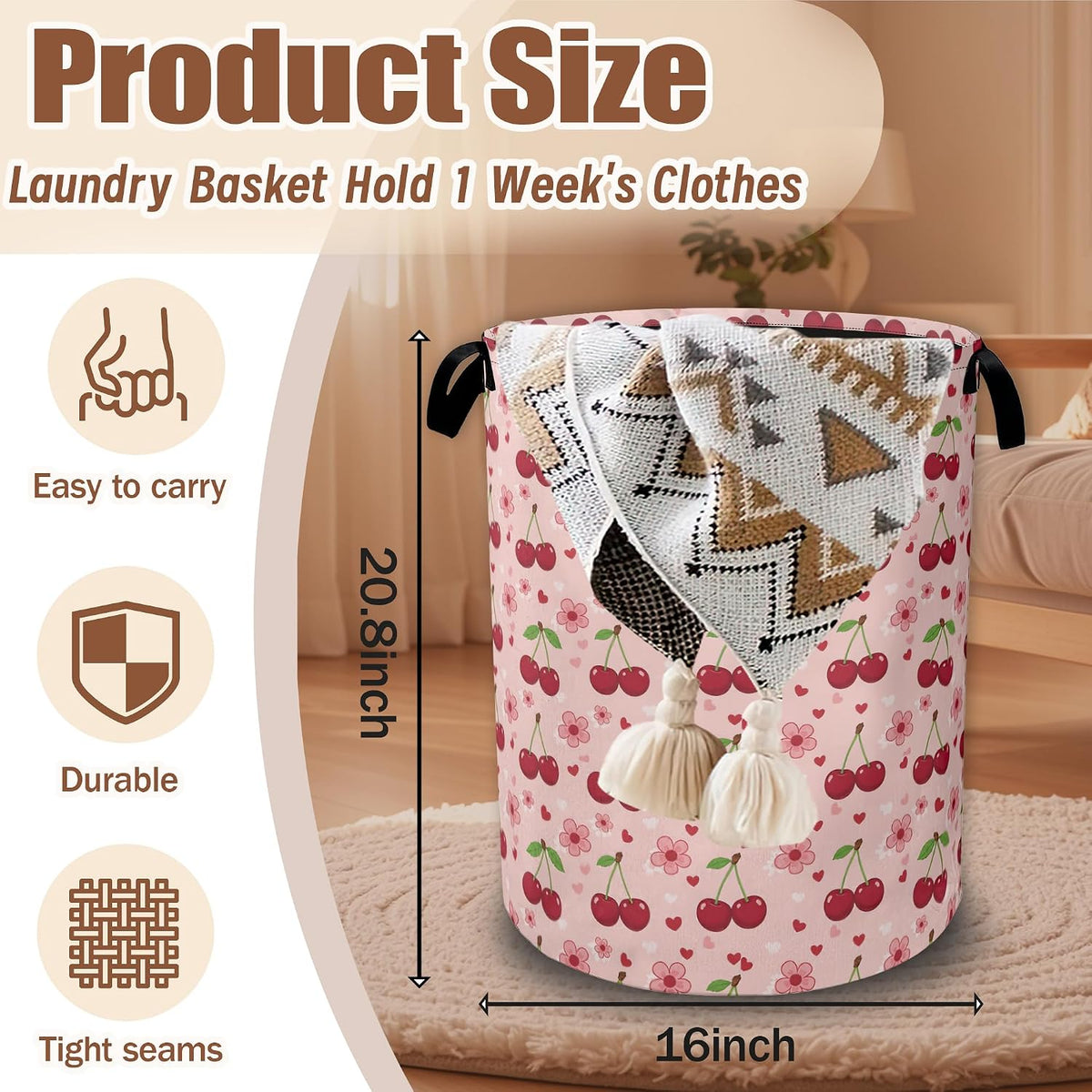 Cherry Flower Laundry Basket,Waterproof Foldable Pink Laundry Hamper,Dirty Clothes Laundry Basket, Linen Bin Storage Organizer Collection 16" x 20.8"