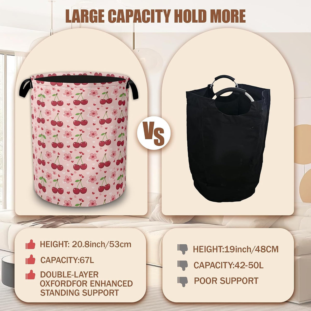 Cherry Flower Laundry Basket,Waterproof Foldable Pink Laundry Hamper,Dirty Clothes Laundry Basket, Linen Bin Storage Organizer Collection 16" x 20.8"