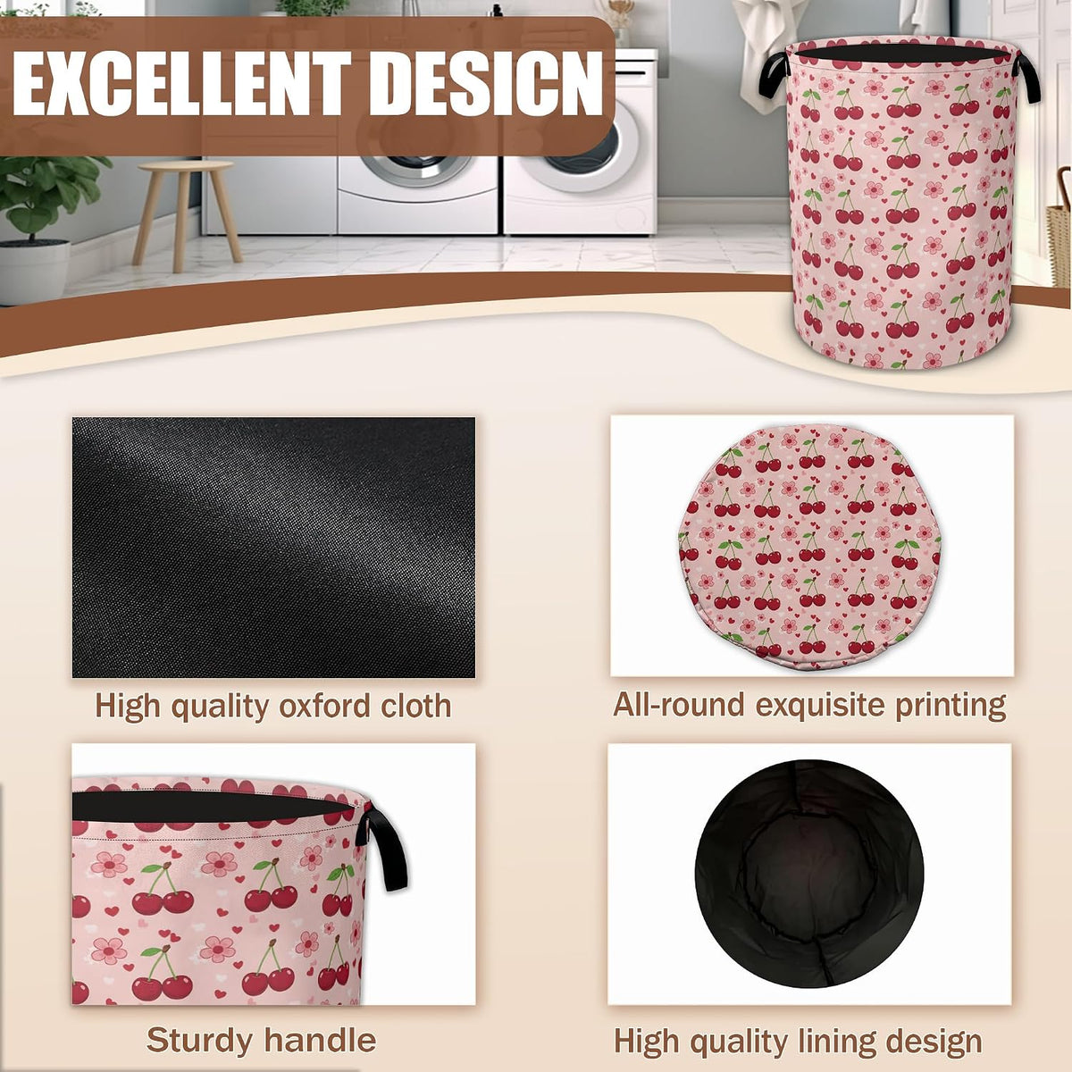 Cherry Flower Laundry Basket,Waterproof Foldable Pink Laundry Hamper,Dirty Clothes Laundry Basket, Linen Bin Storage Organizer Collection 16" x 20.8"