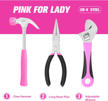 89 Piece Pink Tool kit, Ladies Hand Tool Set with Easy Carrying Round Pouch Household Tool Kit Perfect for DIY, Home Maintenance and Dorm Repair