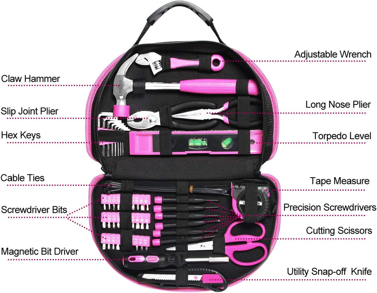 89 Piece Pink Tool kit, Ladies Hand Tool Set with Easy Carrying Round Pouch Household Tool Kit Perfect for DIY, Home Maintenance and Dorm Repair