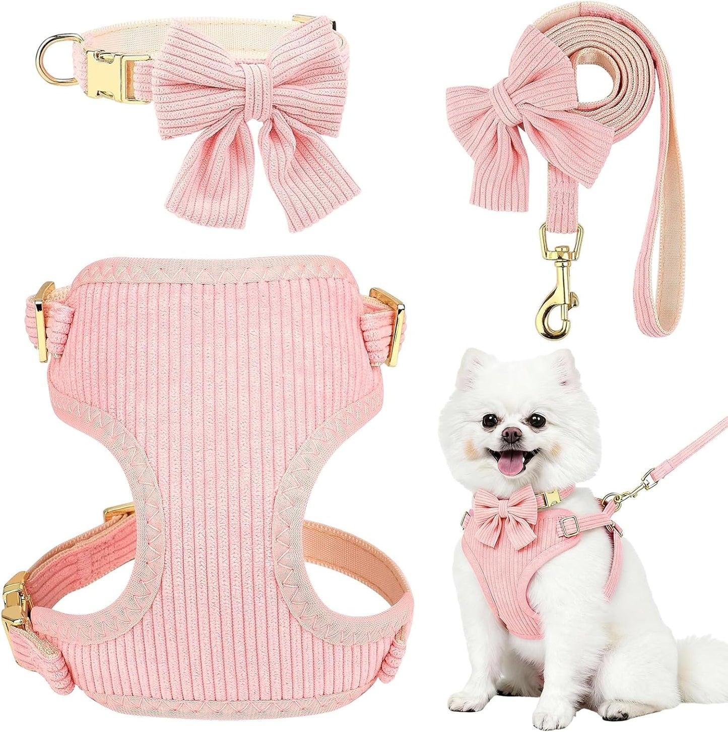Small Dog Collar Harness and Leash Set, Dog Harness no Pull with Bowtie, Breathable Cotton Adjustable Pet Puppy Harness, Easy Walk Dog Harness, S(14–18.9")