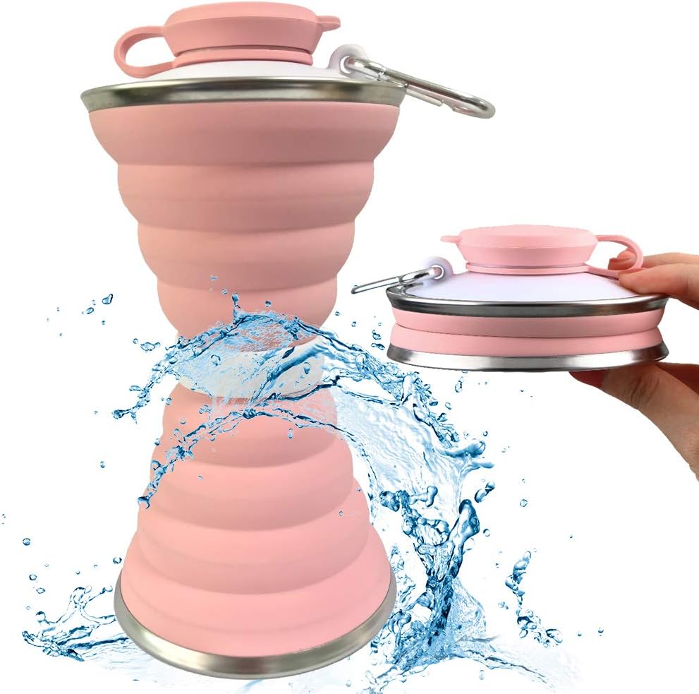 Collapsible Water Bottle, Camping Cup With Carabiner, Reuseable Silicone Foldable Leak Proof Portable Sports Travel Water Bottles For Outdoor, Travel Gym Hiking, BPA Free, Cycling Cups with Carabiner