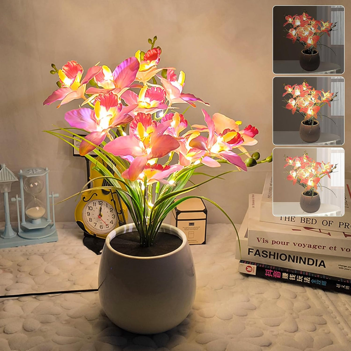 Artificial Flower Night Light, USB Plug-in Orchid Flower with Vase Lamp, Infinite Dimming Ambient Light, LED Desktop Decorative Landscape Lights for Festival Party Home Decor (Pink)