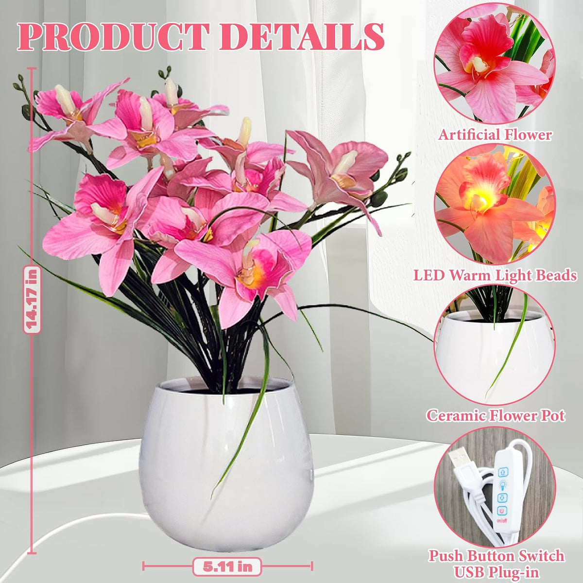 Artificial Flower Night Light, USB Plug-in Orchid Flower with Vase Lamp, Infinite Dimming Ambient Light, LED Desktop Decorative Landscape Lights for Festival Party Home Decor (Pink)
