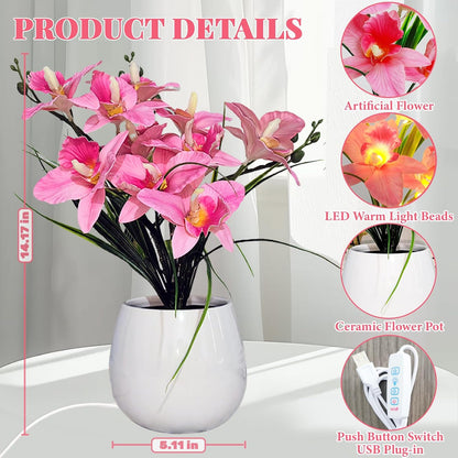 Artificial Flower Night Light, USB Plug-in Orchid Flower with Vase Lamp, Infinite Dimming Ambient Light, LED Desktop Decorative Landscape Lights for Festival Party Home Decor (Pink)