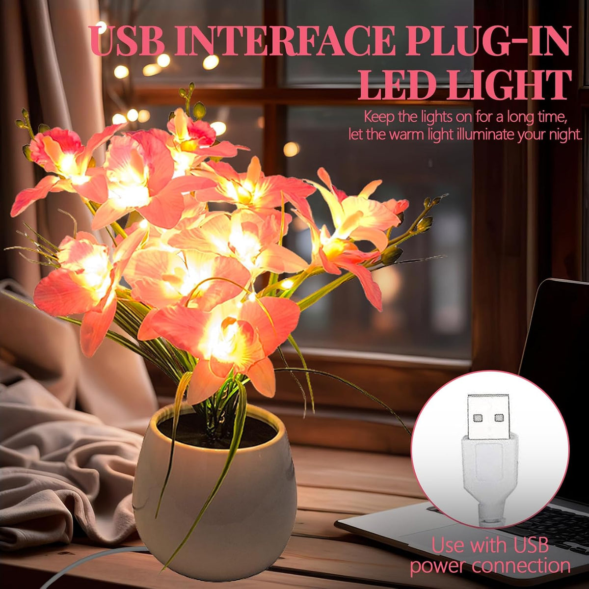 Artificial Flower Night Light, USB Plug-in Orchid Flower with Vase Lamp, Infinite Dimming Ambient Light, LED Desktop Decorative Landscape Lights for Festival Party Home Decor (Pink)