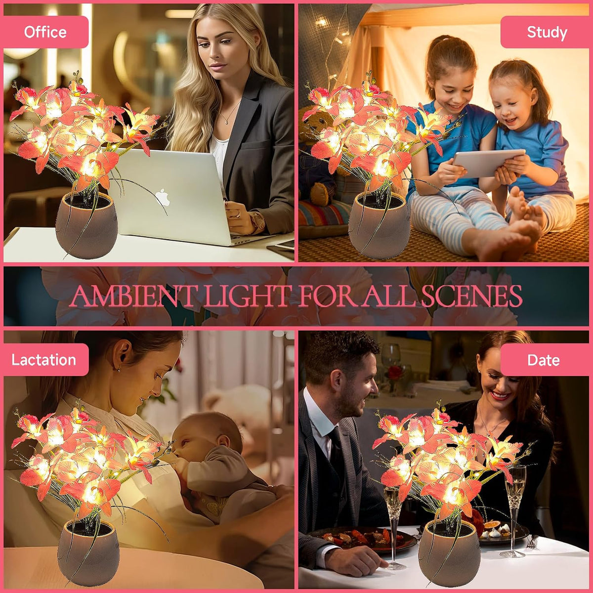 Artificial Flower Night Light, USB Plug-in Orchid Flower with Vase Lamp, Infinite Dimming Ambient Light, LED Desktop Decorative Landscape Lights for Festival Party Home Decor (Pink)