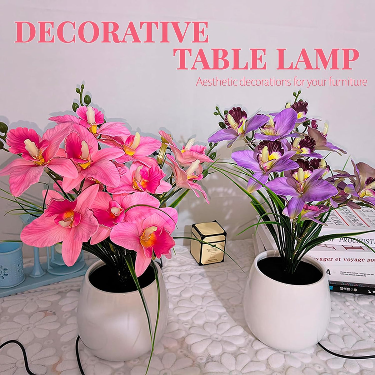 Artificial Flower Night Light, USB Plug-in Orchid Flower with Vase Lamp, Infinite Dimming Ambient Light, LED Desktop Decorative Landscape Lights for Festival Party Home Decor (Pink)