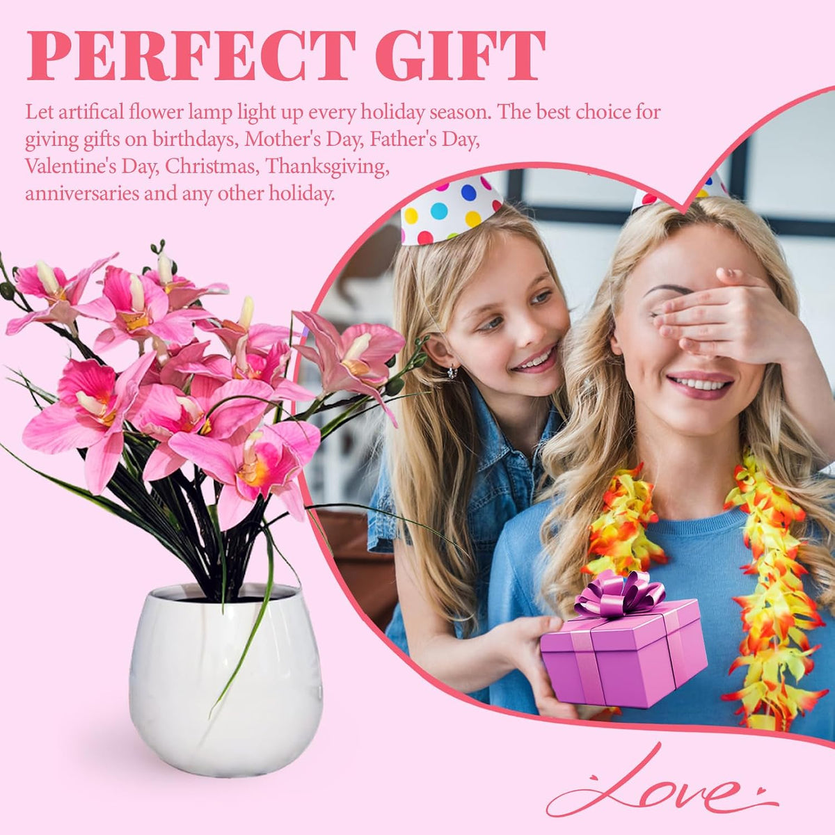 Artificial Flower Night Light, USB Plug-in Orchid Flower with Vase Lamp, Infinite Dimming Ambient Light, LED Desktop Decorative Landscape Lights for Festival Party Home Decor (Pink)