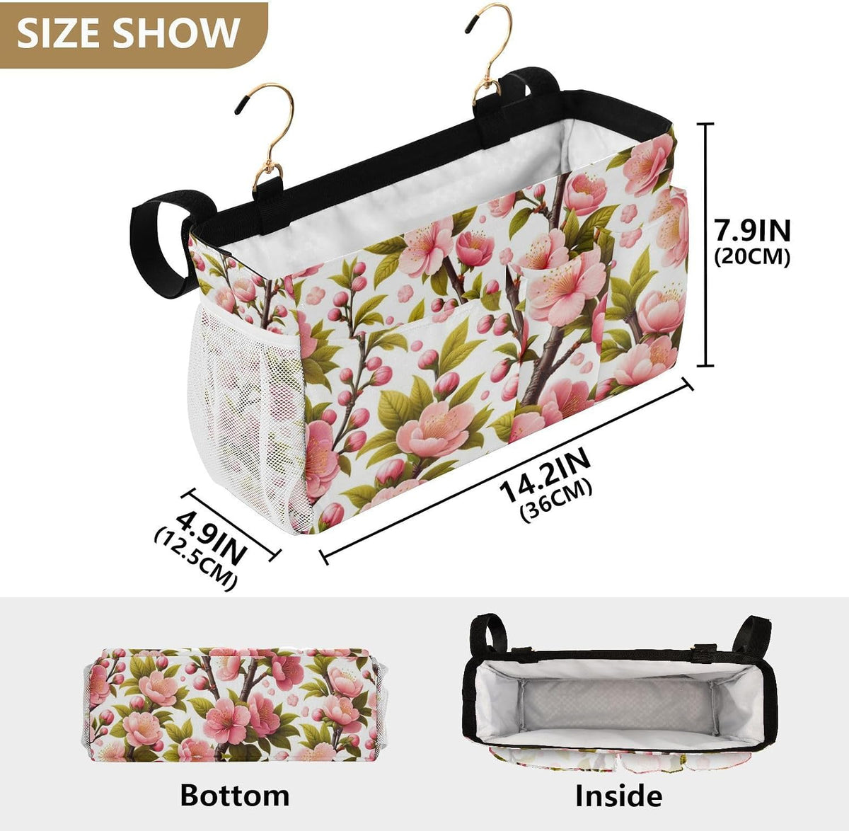 Spring Pink Cherry Flowers Branch Bedside Caddy Bedside Organizer Bedside Storage Caddy College Dorm Bed Accessories