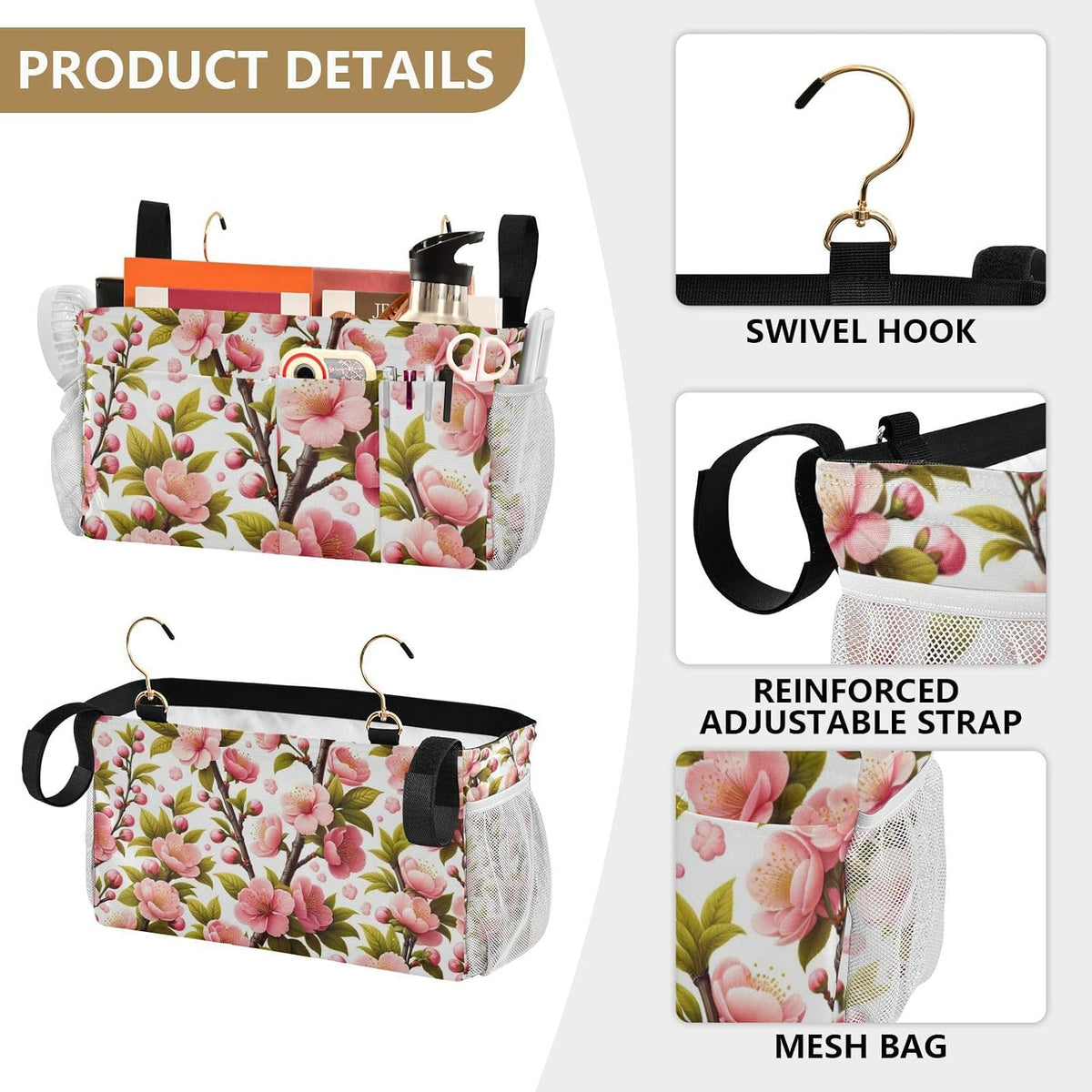 Spring Pink Cherry Flowers Branch Bedside Caddy Bedside Organizer Bedside Storage Caddy College Dorm Bed Accessories