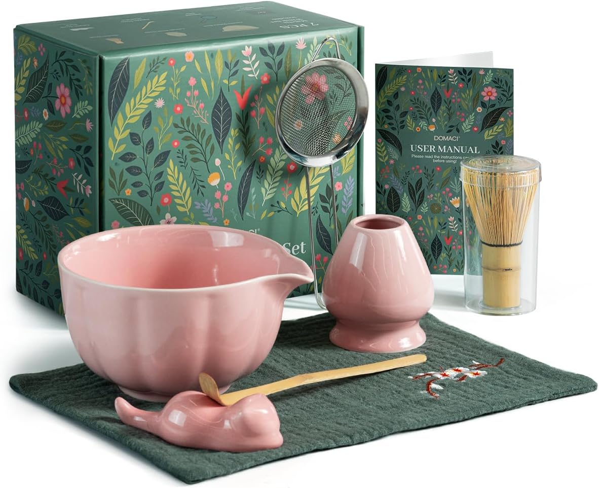 Pink Matcha Whisk Set, 7 Pcs Matcha Kit Includes Matcha Bowl with Spout, Bamboo Whisk, Chasen Holder, Sifter, Scoop and Rest, Tea Towel, Matcha Making Kit Tools for Family/Friend