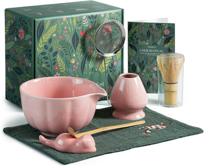 Pink Matcha Whisk Set, 7 Pcs Matcha Kit Includes Matcha Bowl with Spout, Bamboo Whisk, Chasen Holder, Sifter, Scoop and Rest, Tea Towel, Matcha Making Kit Tools for Family/Friend