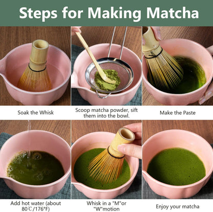 Pink Matcha Whisk Set, 7 Pcs Matcha Kit Includes Matcha Bowl with Spout, Bamboo Whisk, Chasen Holder, Sifter, Scoop and Rest, Tea Towel, Matcha Making Kit Tools for Family/Friend