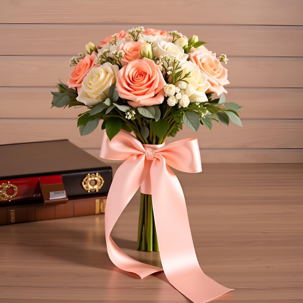 Quality 3 Inch Wide Satin Ribbon by 25 Yard Spool| Polyester Ribbon for Floral Arrangement, Wedding Bouquet, and Big DIY Artwork Projects | No Fading Woven Ribbon (3 Inch Width, Peach)