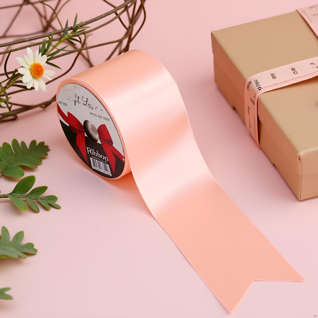 Quality 3 Inch Wide Satin Ribbon by 25 Yard Spool| Polyester Ribbon for Floral Arrangement, Wedding Bouquet, and Big DIY Artwork Projects | No Fading Woven Ribbon (3 Inch Width, Peach)