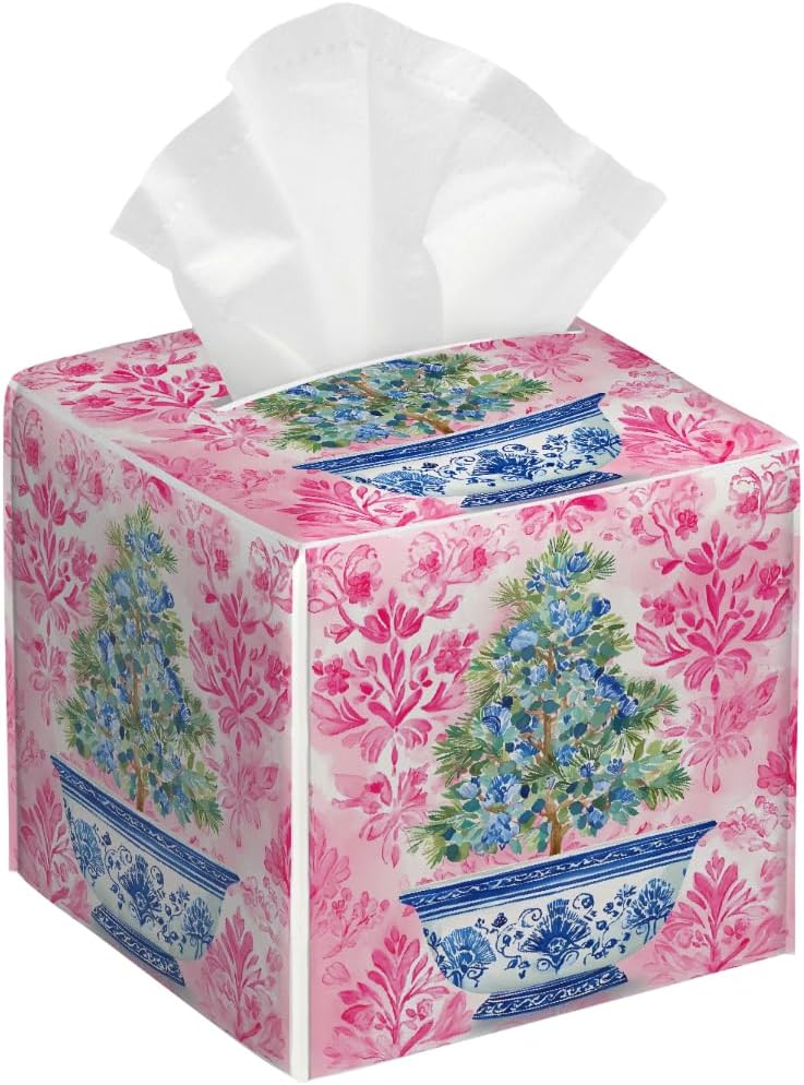 Chinoiserie Pink Flower Blue Topiary Pot Tissue Box Cover Leather Tissue Box Case Holder Decorative Facial Paper Organizer for Car Bathroom Tabletop