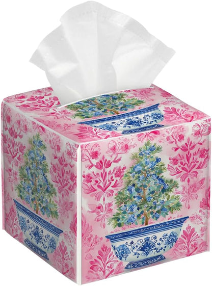 Chinoiserie Pink Flower Blue Topiary Pot Tissue Box Cover Leather Tissue Box Case Holder Decorative Facial Paper Organizer for Car Bathroom Tabletop