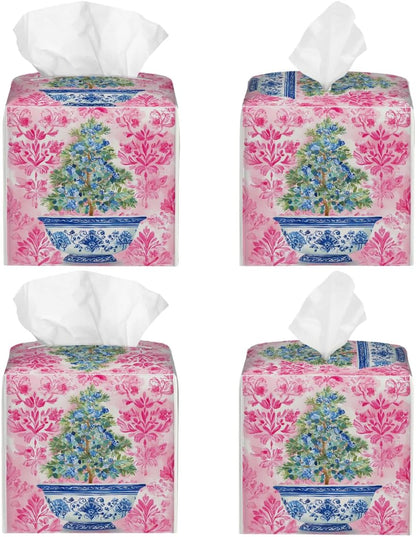 Chinoiserie Pink Flower Blue Topiary Pot Tissue Box Cover Leather Tissue Box Case Holder Decorative Facial Paper Organizer for Car Bathroom Tabletop