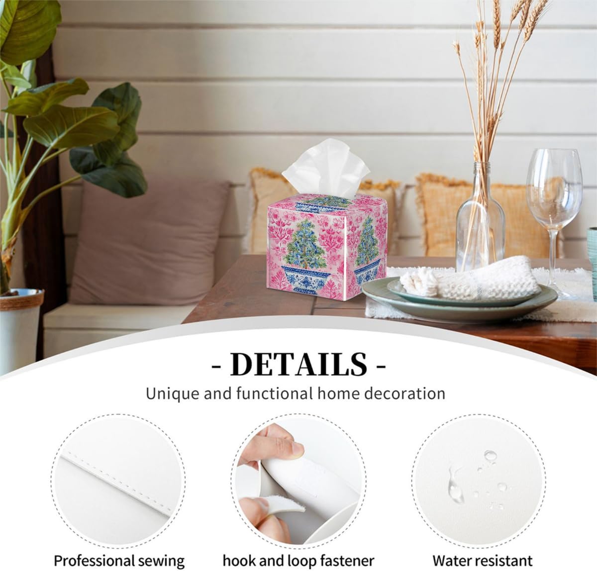 Chinoiserie Pink Flower Blue Topiary Pot Tissue Box Cover Leather Tissue Box Case Holder Decorative Facial Paper Organizer for Car Bathroom Tabletop