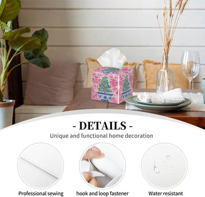 Chinoiserie Pink Flower Blue Topiary Pot Tissue Box Cover Leather Tissue Box Case Holder Decorative Facial Paper Organizer for Car Bathroom Tabletop