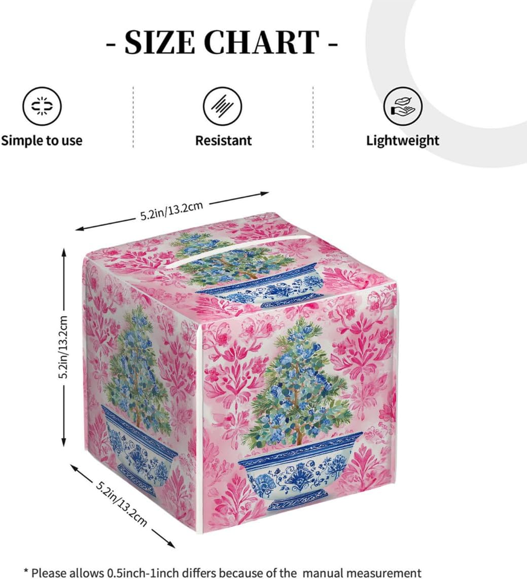 Chinoiserie Pink Flower Blue Topiary Pot Tissue Box Cover Leather Tissue Box Case Holder Decorative Facial Paper Organizer for Car Bathroom Tabletop