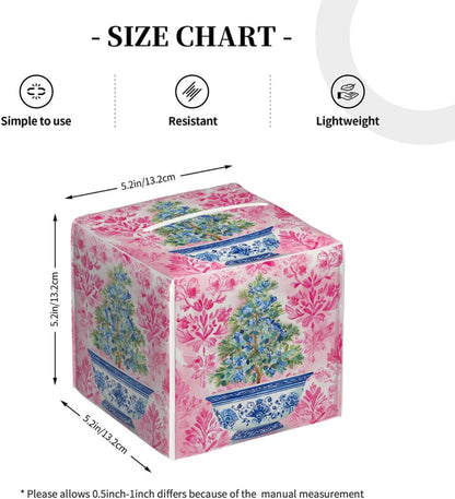 Chinoiserie Pink Flower Blue Topiary Pot Tissue Box Cover Leather Tissue Box Case Holder Decorative Facial Paper Organizer for Car Bathroom Tabletop