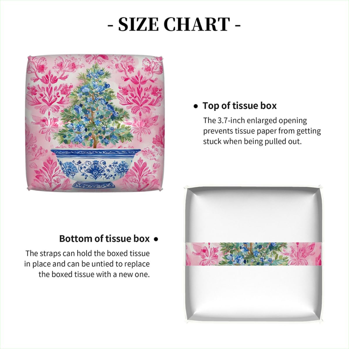 Chinoiserie Pink Flower Blue Topiary Pot Tissue Box Cover Leather Tissue Box Case Holder Decorative Facial Paper Organizer for Car Bathroom Tabletop