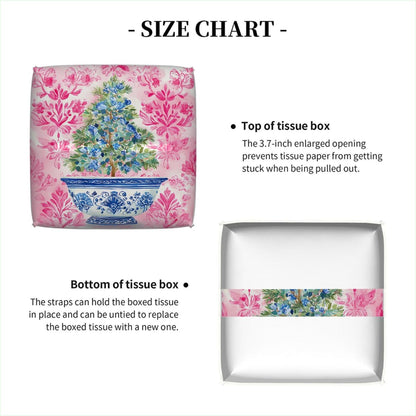 Chinoiserie Pink Flower Blue Topiary Pot Tissue Box Cover Leather Tissue Box Case Holder Decorative Facial Paper Organizer for Car Bathroom Tabletop