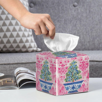 Chinoiserie Pink Flower Blue Topiary Pot Tissue Box Cover Leather Tissue Box Case Holder Decorative Facial Paper Organizer for Car Bathroom Tabletop