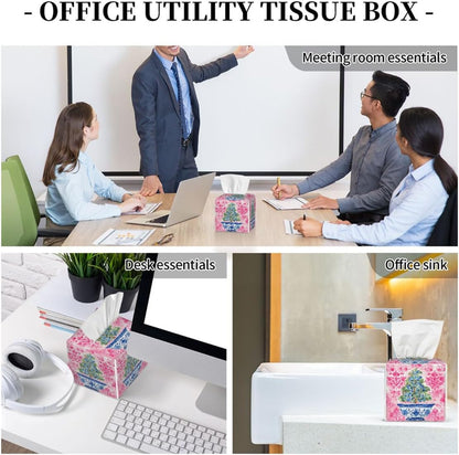 Chinoiserie Pink Flower Blue Topiary Pot Tissue Box Cover Leather Tissue Box Case Holder Decorative Facial Paper Organizer for Car Bathroom Tabletop