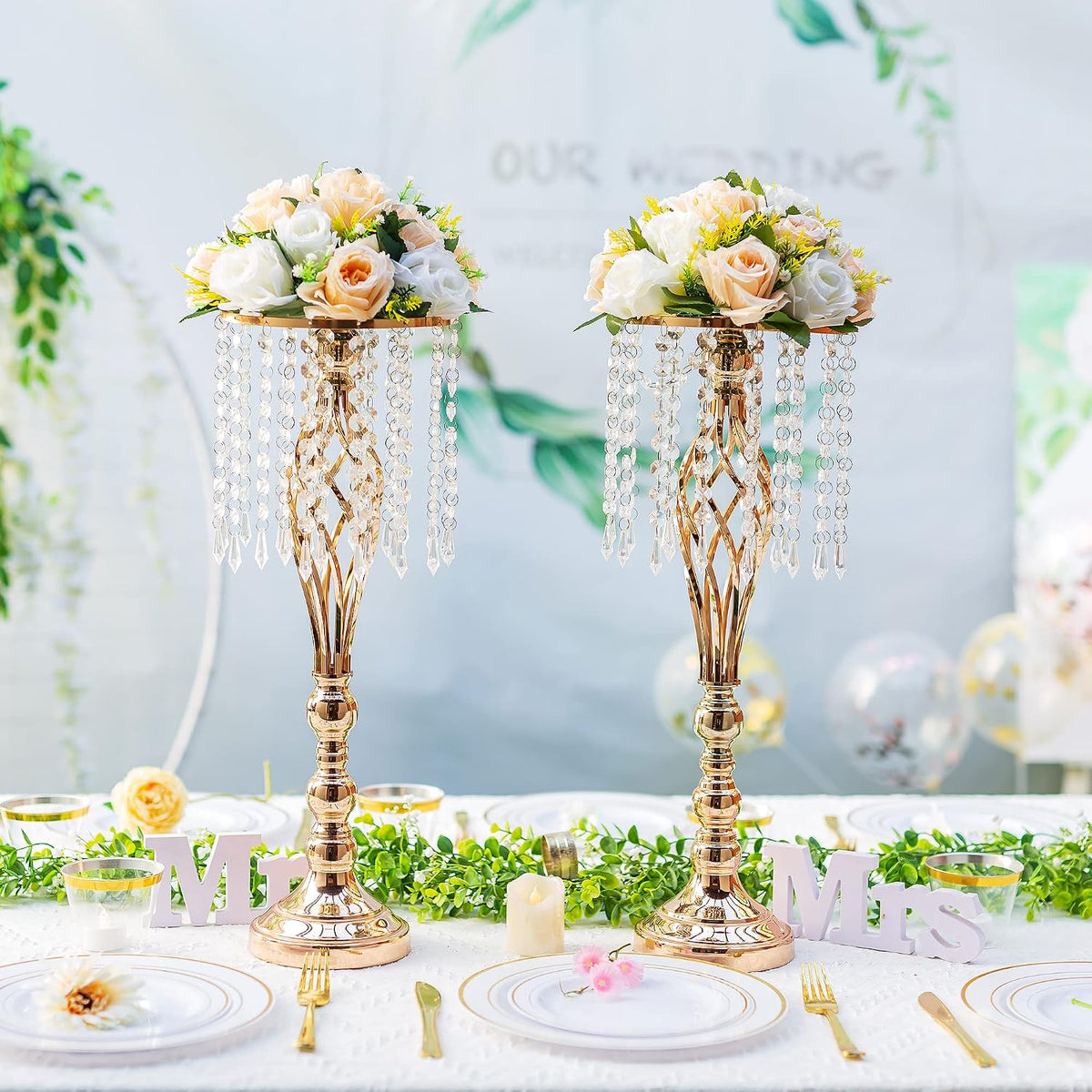 Flower Centerpieces Wedding Tables: Champagne & White, 2 Packs