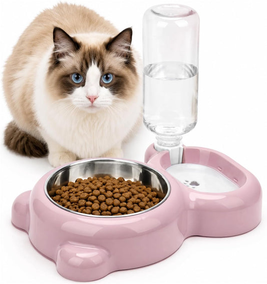 2-in-1 Dog Cat Bowl, Cat Food and Water Bowl Set, Pink