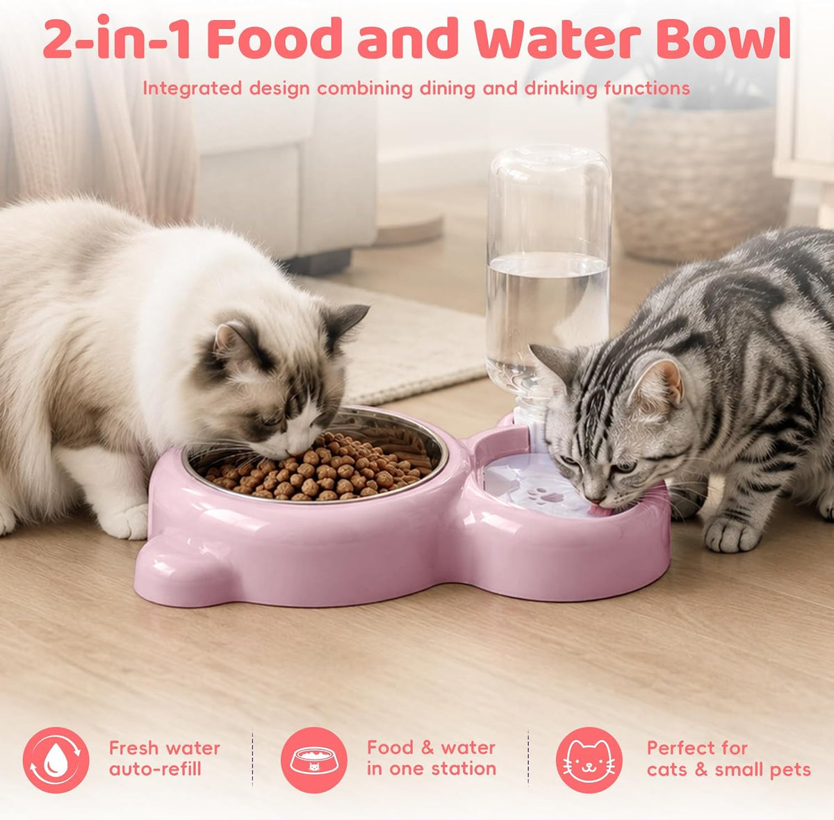 2-in-1 Dog Cat Bowl, Cat Food and Water Bowl Set, Pink