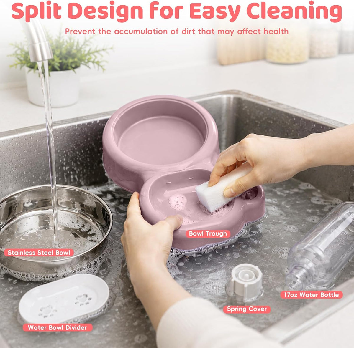 2-in-1 Dog Cat Bowl, Cat Food and Water Bowl Set, Pink
