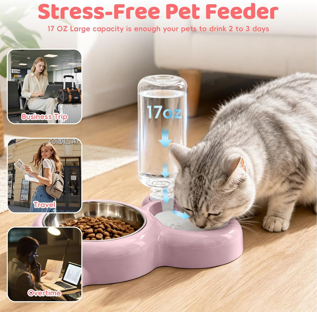 2-in-1 Dog Cat Bowl, Cat Food and Water Bowl Set, Pink