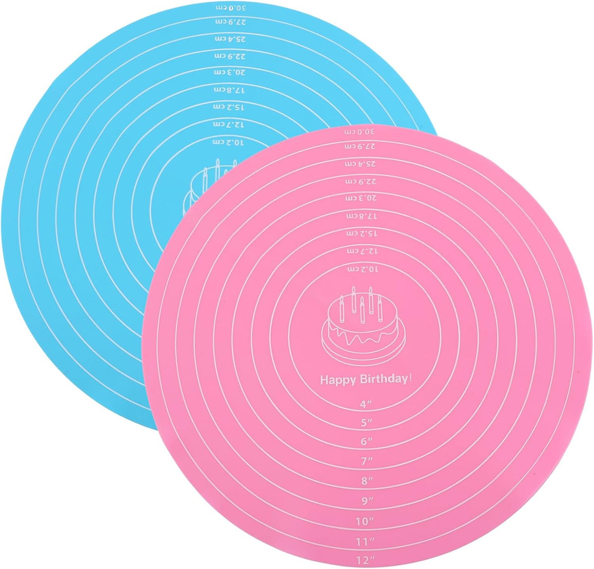 2Pcs Silicone Baking Mat, 12 Inch Round Baking Mat with Measurements Reusable Turntable Stand Pastry Baking Sheet for Rolling Out Dough Cake Pizza and Cookies (Pink, Blue)
