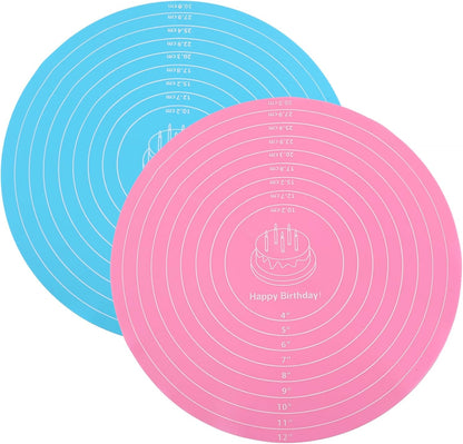 2Pcs Silicone Baking Mat, 12 Inch Round Baking Mat with Measurements Reusable Turntable Stand Pastry Baking Sheet for Rolling Out Dough Cake Pizza and Cookies (Pink, Blue)