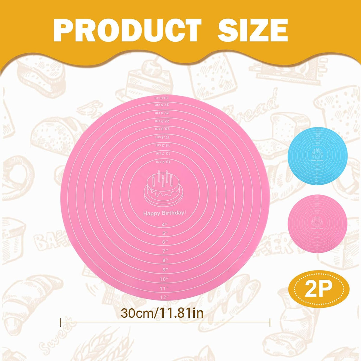 2Pcs Silicone Baking Mat, 12 Inch Round Baking Mat with Measurements Reusable Turntable Stand Pastry Baking Sheet for Rolling Out Dough Cake Pizza and Cookies (Pink, Blue)