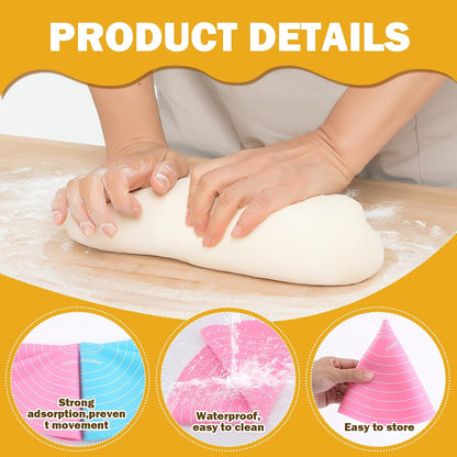 2Pcs Silicone Baking Mat, 12 Inch Round Baking Mat with Measurements Reusable Turntable Stand Pastry Baking Sheet for Rolling Out Dough Cake Pizza and Cookies (Pink, Blue)