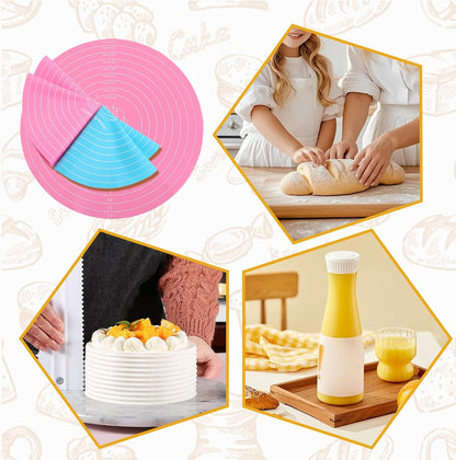 2Pcs Silicone Baking Mat, 12 Inch Round Baking Mat with Measurements Reusable Turntable Stand Pastry Baking Sheet for Rolling Out Dough Cake Pizza and Cookies (Pink, Blue)