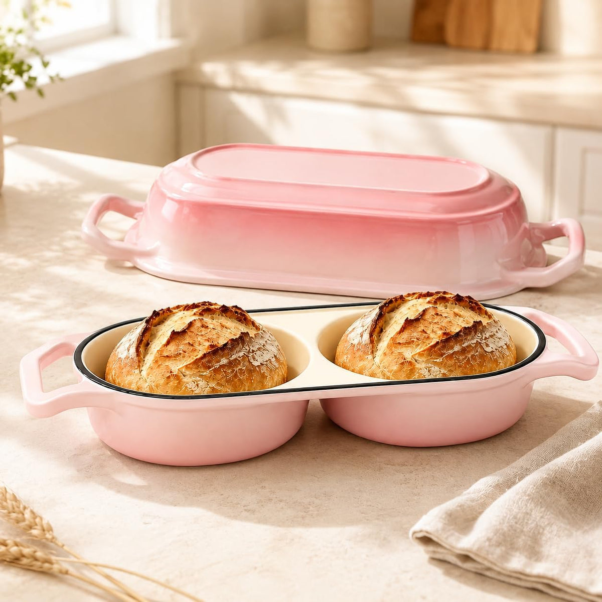 Double Dutch Oven for Sourdough Bread Baking, 2.4QT Enameled Cast Iron Bread Baker with Lid, Dual 1.2QT Round Chambers, 3-Layer Enamel, 500°F Oven Safe for 2 Artisan Loaves